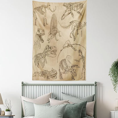 Lunarable Dinosaur Tapestry, Hand Drawn Style Skeletons Bones from Medieval Times Archeology Theme, Wall Hanging for Bedroom Living Room Dorm Decor, 40" X 60", Sand Brown Army Green