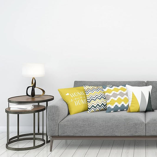 Ambesonne Modern Throw Pillow Cushion Case Pack of 4, Geometric Style Pattern of Triangles Zigzags Love Home Phrase Print, Modern Accent Double-Sided Digital Printing, 18", Yellow Slate Blue and Tan