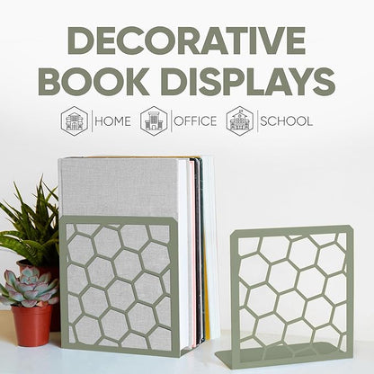 GEOMOD Geometric Honeycomb Sage Metal Bookends Decorative - Tall Sturdy Book Ends for Shelves - Modern Heavy Duty Bookend Stopper - Office or Home Book Shelf Holder - 6x3.25x6.25 Inches-2 Pair