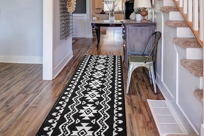 Custom Length Cut to Size Tribal Ethnic Southwestern Inspired Hallway Runner Rug, Non Slip Rubber Backed, 31 inch Wide X Customized Length, Aztec Black, 31 inch X 6 feet