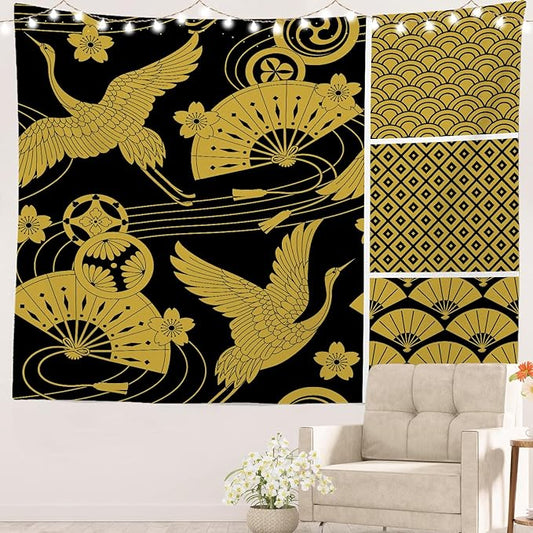 Batmerry Flower Vintage Tapestry, Oriental Japanese Pattern Ornaments Traditional Motives Kimono Wall Hanging Polyester Fiber White Ruffled Around For Dorm Room Bedroom Living Room, 30 X 40 Inches