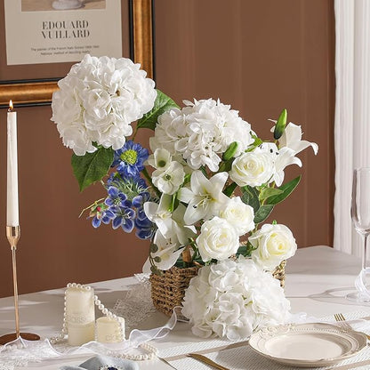 Nubry 22.44In White Hydrangea Artificial Flowers, 3Pcs Latex Faux Real Touch Large Hydrangea Flowers with Long Stems & Leaves for Home Office Decor Wedding Party Arrangements(White)