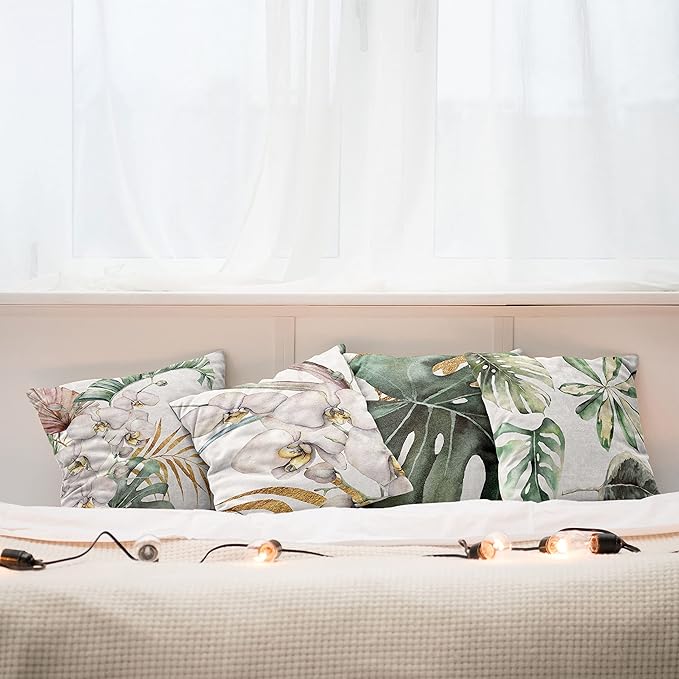 Ambesonne Vintage Tropical Throw Pillow Cushion Case Pack of 4, Retro Botanical Summer Vibes Monstera Leaf Orchid Flowers, Modern Accent Double-Sided Digital Printing, 16", Laurel Green Ginger Blush