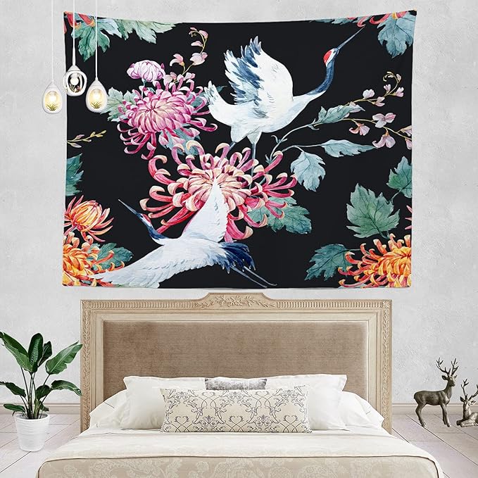 Batmerry Red Green Cranes Floral Leaves Tapestry, Traditional Japanese Watercolor Sytle Design Tapestry for Living Room Bedroom Wall Hanging Decorative 51.2x59.1 Inch