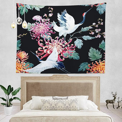 Batmerry Red Green Cranes Floral Leaves Tapestry, Traditional Japanese Watercolor Sytle Design Tapestry for Living Room Bedroom Wall Hanging Decorative 51.2x59.1 Inch