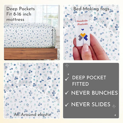 California Design Den Floral Printed Queen Sheet Set - Luxury 400 Thread Count Sateen, Natural 100% Cotton Sheets, Deep Pockets, Cooling and Durable Bedding Set - Blooming Meadows