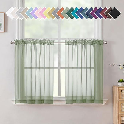 Aiyufneg Small Sheer Tier Curtains Half Kitchen Curtain Sheers Light Filtering Farmhouse Window Panels Rod Pocket Voile Short Curtain for Bathroom, 40W x 24L, Sage Green, Set of 2 Panels