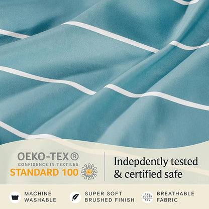 LuxClub 4 PC Queen Size Sheet Set Bed Sheets, Breathable Luxury Deep Pockets Wrinkle Free Cooling Sheets Machine Washable Hotel Bedding (Queen, Striped Light Blue)