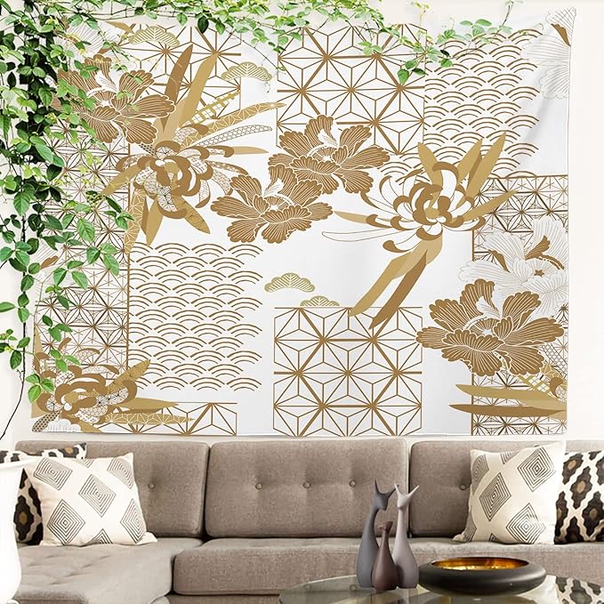 Batmerry Gold Japanese Floral Tapestry,Spring Wall Art Hanging Decoration Polyester Fiber White Ruffled Around for Dorm Room Bedroom Living Room, 51.2x59.1 inches
