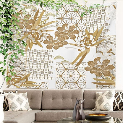 Batmerry Gold Japanese Floral Tapestry,Spring Wall Art Hanging Decoration Polyester Fiber White Ruffled Around for Dorm Room Bedroom Living Room, 51.2x59.1 inches