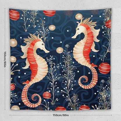 MaSiledy Seahorse Christmas Kiss Beach Tapestries Ocean Theme Tapestry Vintage Aesthetic Tapestries Landscape Tapestry for Bedroom Colorful Wall Hanging Aesthetic Wall Art For Room Decor 60"x60"