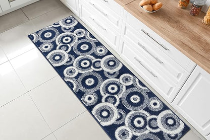 Custom Length Cut to Size Retro Modern Coastal Carpet Runner Rug for Hallways, Non Slip Rubber Backed, 31 inch Wide X Customized Length, Geo Blue, 31 inch X 21 feet