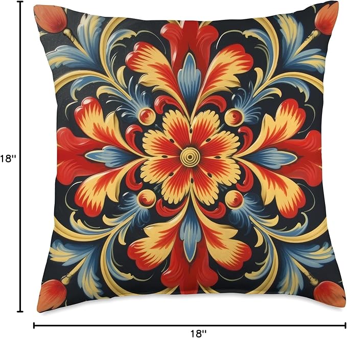 Traditional Norwegian Rosemaling Folk Art Throw Pillow