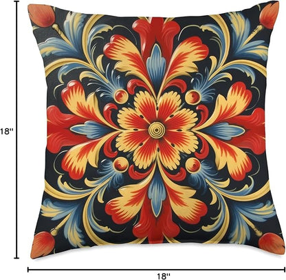 Traditional Norwegian Rosemaling Folk Art Throw Pillow