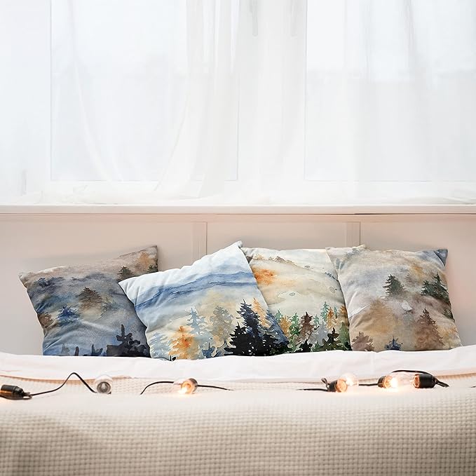 Ambesonne Forest Throw Pillow Cushion Case Pack of 4, Watercolor Painting of Nature Landscape Hazy Mountains and Pine Trees, Modern Accent Double-Sided Digital Printing, 18", Blue Emerald and Cocoa