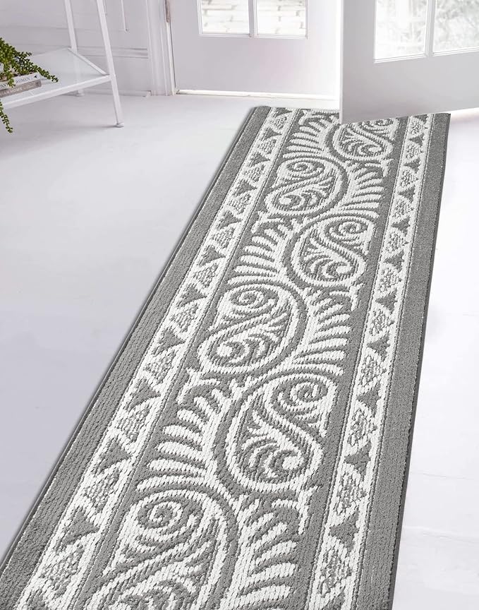 Custom Length Cut to Size Tribal Ethnic Southwestern Inspired Hallway Runner Rug, Non Slip Rubber Backed, 31 inch Wide X Customized Length, Mayan Grey, 31 inch X 15 feet
