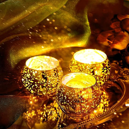 Rtteri 12 Set Votive Candle Holders Wedding Centerpiece Table Decorations Speckled Mercury Glass Votive Candle Holders with Tea Lights Birthday Party Decorations for Home (Gold)