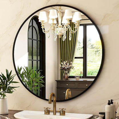HARRITPURE Round Mirror 18 Black Wall Mounted Circle Mirrors Vanity Mirror with Brushed Aluminum Alloy Frame Modern Decoration for Bathroom, Living Room, Vanity, Bedroom, Entryway