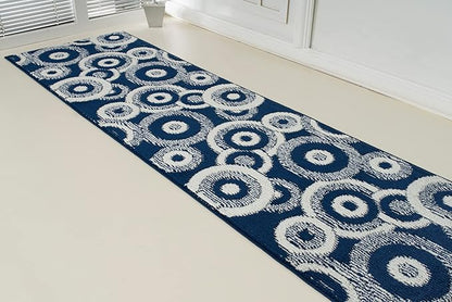Custom Length Cut to Size Retro Modern Coastal Carpet Runner Rug for Hallways, Non Slip Rubber Backed, 31 inch Wide X Customized Length, Geo Blue, 31 inch X 6 feet