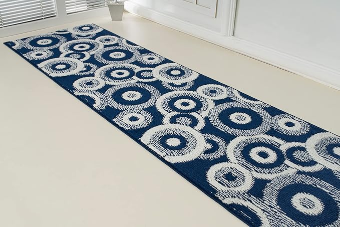 Custom Length Cut to Size Retro Modern Coastal Carpet Runner Rug for Hallways, Non Slip Rubber Backed, 31 inch Wide X Customized Length, Geo Blue, 31 inch X 7 feet