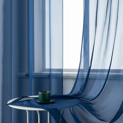 DUALIFE Navy Indigo Blue 54 Inches Sheer Curtains for Bathroom Small Windows with Grommet Semi Voile Drapes for Boys Room Kids Bedroom 52 x 54 Inch Length Set of 2 Panels Dark Blue