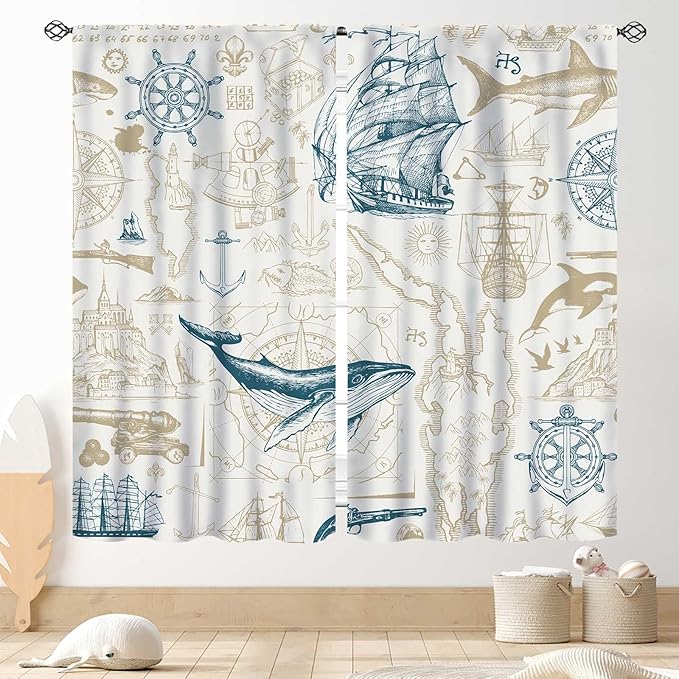 Vintage Nautical Curtains, Marine Coastal Sailboat Compass Anchor Ocean Beach Whale Old Pirate Map Decorative Drapes for Bedroom Living Room Kitchen Bathroom Window 2 Panels Set, 42"x63" Inch