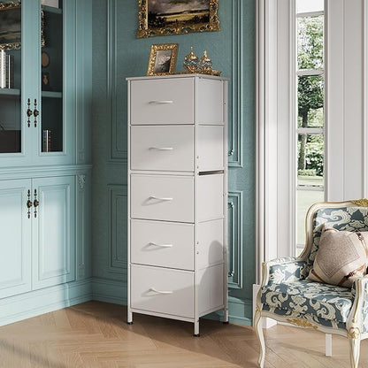 WLIVE Fabric Dresser, 5-Drawer Tall Dressers for Bedroom, Storage Dresser Organizer with Fabric Bins, Wood Top, Sturdy Steel Frame, Chest of Drawers for Closet, Hallway, White