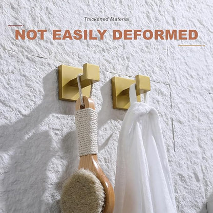 TASTOS Bath Towel Hooks Brushed Gold, 2 Pack Stainless Steel Robe Coat and Clothes Hook, Heavy Duty Wall Hook for Bathroom & Kitchen, Modern Square Style Wall Mounted…
