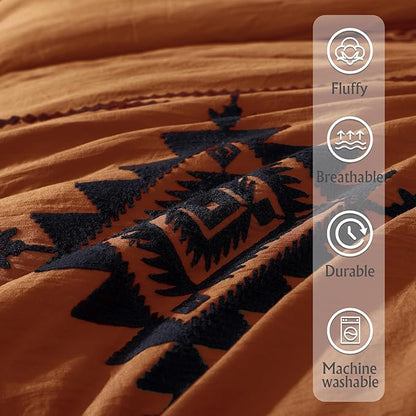 MaiRêve Burnt Orange Embroidery Comforters Set Queen Size - 7 Pieces, Farmhouse Western Bedding All Season, Bed in A Bag Queen Boho Comforter Set with Sheets, Pillowcases & Shams