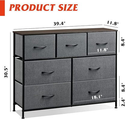 WLIVE 7 Drawer Dresser TV Stand, Entertainment Center, Media Console Table with Metal Frame and Wood Top for TV up to 45 inch, Chest of Drawers for Bedroom, Living Room, Dark Grey