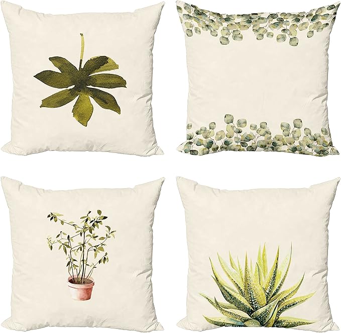 Ambesonne Botanical Throw Pillow Cushion Case Pack of 4, Minimalist Watercolor Painting Leaves Agave Branches Plant in a Pot, Modern Accent Double-Sided Digital Printing, 24", Fawn Pale Green White