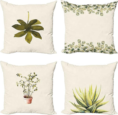 Ambesonne Botanical Throw Pillow Cushion Case Pack of 4, Minimalist Watercolor Painting Leaves Agave Branches Plant in a Pot, Modern Accent Double-Sided Digital Printing, 24", Fawn Pale Green White