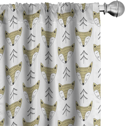 Ambesonne Cartoon Window Curtains, Doodle Style Forest Animals Hand Drawn Sleeping Fox Portraits and Trees, Lightweight Decor 2-Panel Set with Rod Pocket, Pair of - 28" x 95", White Beige