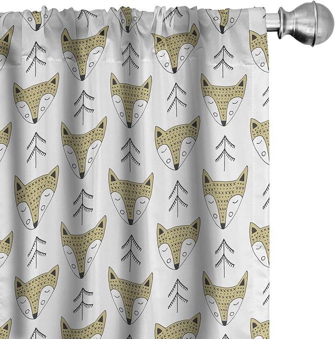 Ambesonne Cartoon Window Curtains, Doodle Style Forest Animals Hand Drawn Sleeping Fox Portraits and Trees, Lightweight Decor 2-Panel Set with Rod Pocket, Pair of - 28" x 63", White Beige