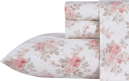 Laura Ashley - Flannel Sheets Twin Size, Anti-Pilling & Wrinkle Resistant Cotton, Touchably Soft for All-Season Comfort - Bed Sheets with Matching Pillowcase & Fitted Sheet (Lisalee Pink)
