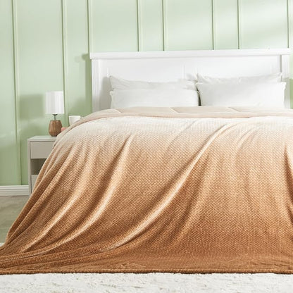 NEWCOSPLAY Super Soft Twin Blanket Ombre Brown Premium Silky Flannel Fleece Leaves Pattern Lightweight Bed Blanket All Season Use (Ombre Brown, Twin(60"x80"))