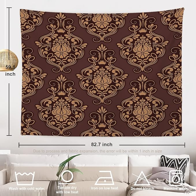 Batmerry Brown Damask Floral Tapestry, Vintage Golden Brown Damask Pattern Wall Art Hanging Decoration Polyester Fiber White Ruffled Around for Dorm Room Bedroom Living Room, 59.1x82.7 inches