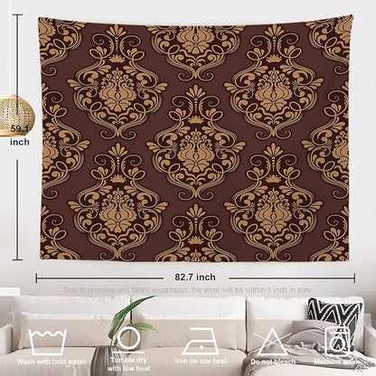 Batmerry Brown Damask Floral Tapestry, Vintage Golden Brown Damask Pattern Wall Art Hanging Decoration Polyester Fiber White Ruffled Around for Dorm Room Bedroom Living Room, 59.1x82.7 inches