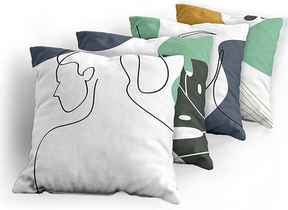 Ambesonne Minimal Throw Pillow Cushion Case Pack of 4, Modern Line Art Woman Portrait with Contemporary Leafy Geometric Details, Modern Accent Double-Sided Digital Printing, 20", Sea Green Slate Blue