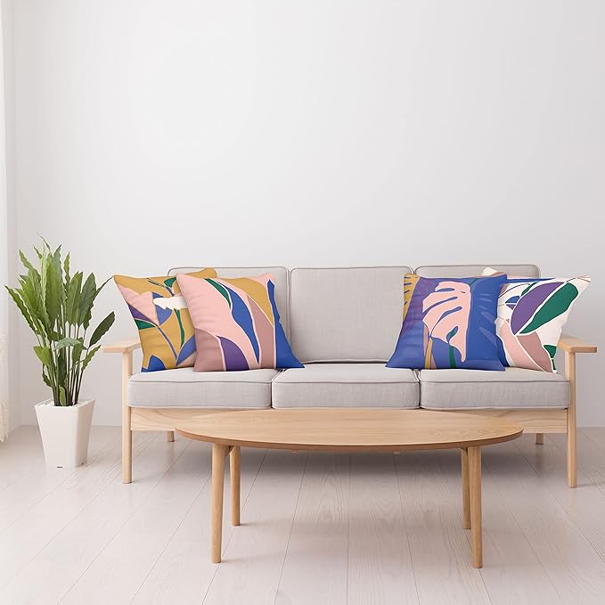 Ambesonne Exotic Throw Pillow Cushion Case Pack of 4, Tropical Themed Leaves Branches Monstera Plant Summer Vibes Pastel, Modern Accent Double-Sided Digital Printing, 20", Peach Blue Violet Mustard