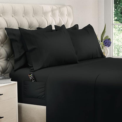 DREAMCARE Queen Sheet Set – 6 pcs Cooling Bed Sheets – up to 15” Deep Sheets Queen Size Bed Set – 2500 Supreme Collection – Extra Soft 100% Brushed Microfiber Hotel Luxury with Side Pocket – Black