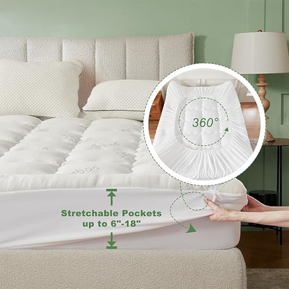 BEDLORE King Mattress Topper Viscose Derived from Bamboo, Thick Pillow Top Mattress Pad with Stretchable Pockets for 6-18 inches Mattress, Soft Breathable Mattress Topper for Back Pain Relief