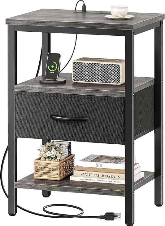 SUPERJARE Nightstand with Charging Station, Bed Side Table with Adjustable Fabric Drawer, Night Stand for Bedroom, 3-Tier Storage End Table, for Living Room, Charcoal Gray