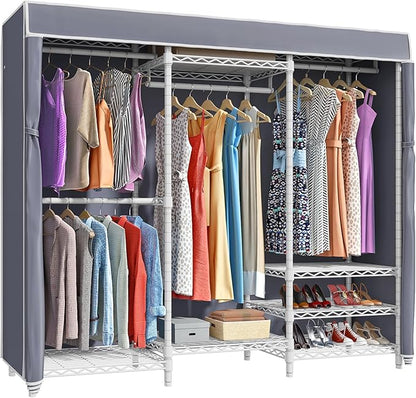 VIPEK V5C Portable Bedroom Armoires Wardrobe Closet with Cover, Heavy Duty Covered Clothes Rack Adjustable Closet Rack, White Metal Clothing Rack with Grey Oxford Fabric Cover, 70.1" Lx17.3 Wx76.4 H