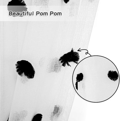 MYSKY HOME Curtains for Living Room & Bedroom - 84" Long Halloween Black Pom Pom Sheer Curtains for Nursery & Dining Room - 52" x 84" 2 Panels with Rod Pocket Privacy Drapes