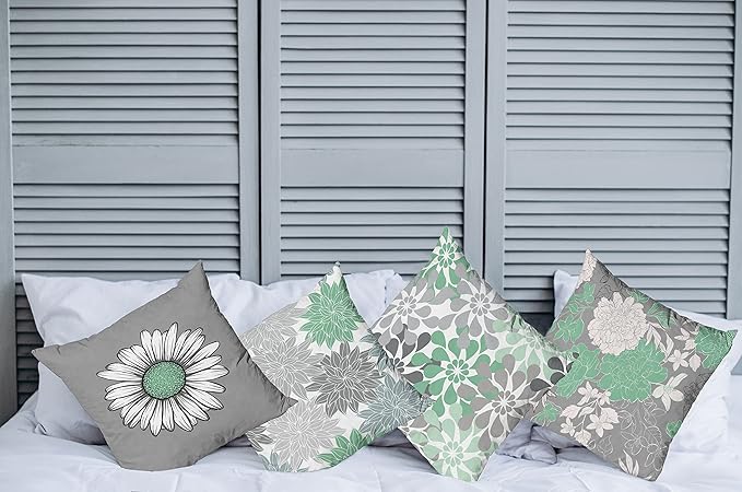 Ambesonne Floral Throw Pillow Cushion Case Pack of 4, Flower Petals Modern Color Palette Chamomile Peony Dahlia and Sunflower Print, Modern Accent Double-Sided Digital Printing, 20", Sea Green Grey