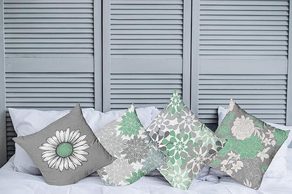 Ambesonne Floral Throw Pillow Cushion Case Pack of 4, Flower Petals Modern Color Palette Chamomile Peony Dahlia and Sunflower Print, Modern Accent Double-Sided Digital Printing, 16", Sea Green Grey