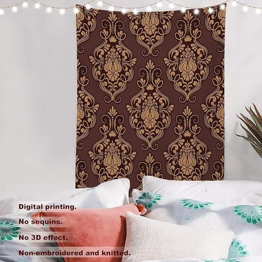 Batmerry Brown Damask Floral Tapestry,Vintage Golden Brown Damask Pattern Wall Art Hanging Decoration Polyester Fiber White Ruffled Around for Dorm Room Bedroom Living Room, 59.1x51.2 inches