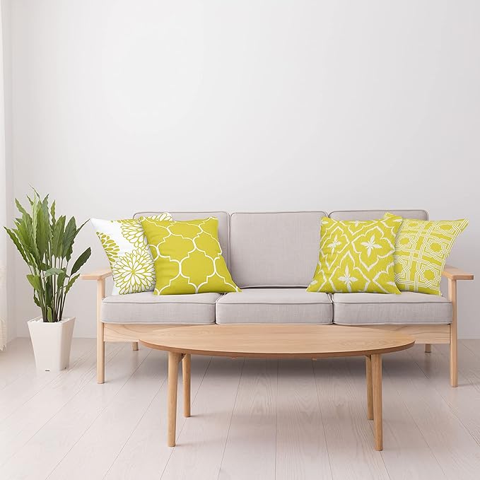 Ambesonne Vintage Throw Pillow Cushion Case Pack of 4, Monochrome Design Grid Trellis Quatrefoil Mesh and Dahlia Flowers Modern Print, Modern Accent Double-Sided Digital Printing, 16", Yellow White
