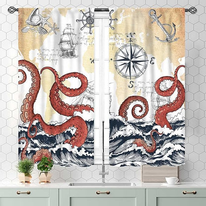 Nautical Octopus Curtains, Coastal Old Pirate Map Sailboat Compass Ocean Wave Kraken Octopus Tentacles Vintage Window Drapery Treatment for Bedroom Living Room Kitchen Bathroom 2 Panels, 55x39 Inch